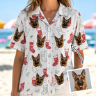 Woman wearing Women's Yule Pouches Custom Dog Face Hawaiian Shirt — custom faces printed all-over