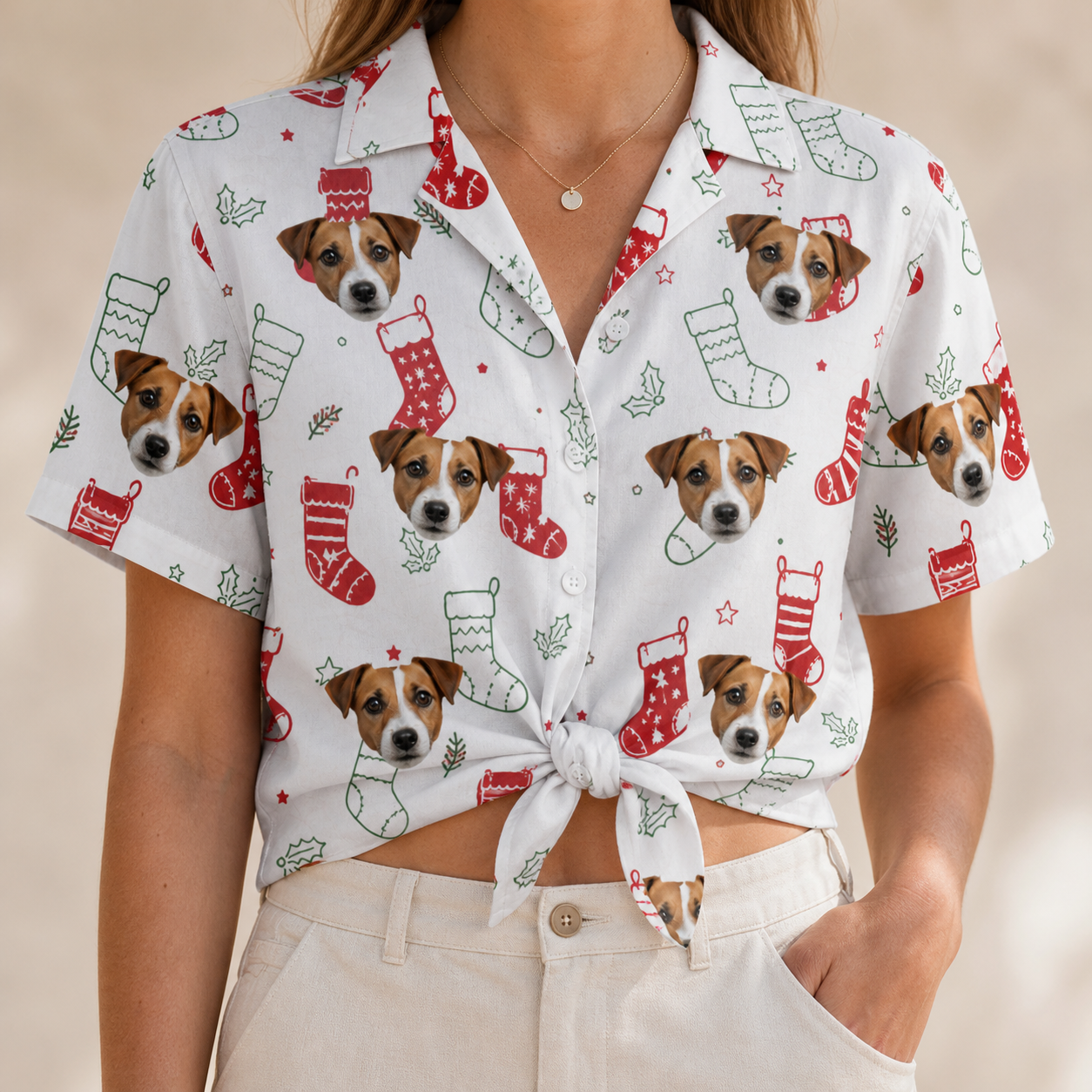 Woman wearing Women's Yule Pouches Custom Dog Face Hawaiian Shirt tied at the waist