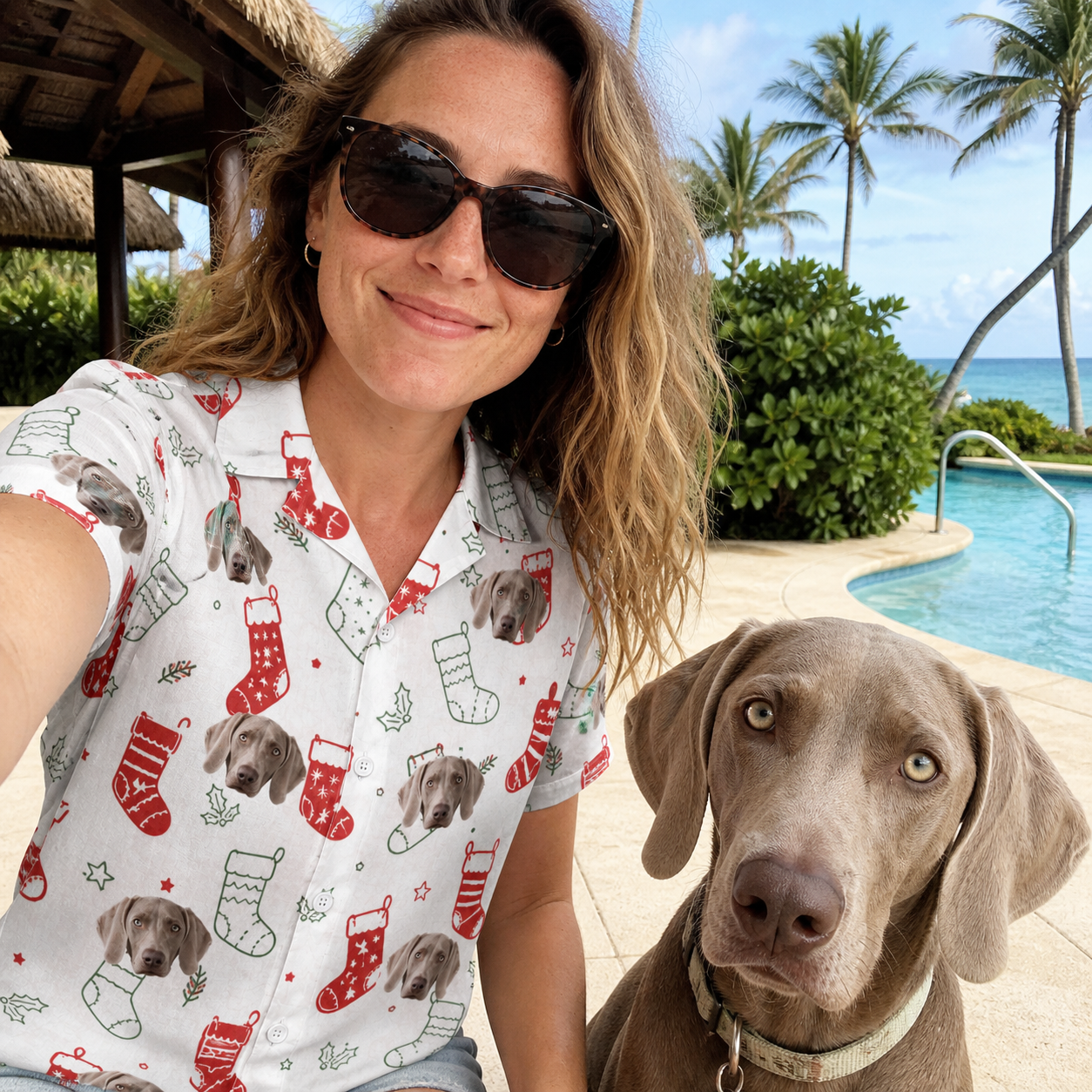 Selfie with the pet whose face is printed all over this Women's Yule Pouches Custom Dog Face Hawaiian Shirt