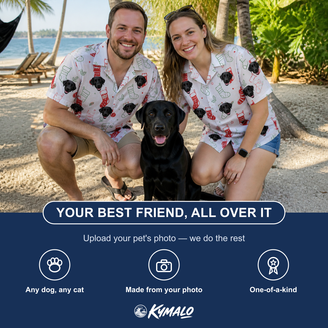 Friends in matching Women's Yule Pouches Custom Dog Face Hawaiian Shirt — a group gift photo