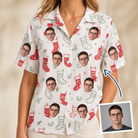 Woman wearing Women's Yule Pouches Custom Face Hawaiian Shirt — custom faces printed all-over