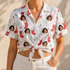 Woman wearing Women's Yule Pouches Custom Face Hawaiian Shirt tied at the waist
