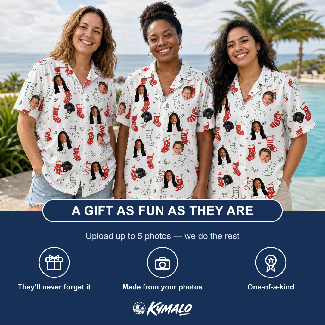 Friends in matching Women's Yule Pouches Custom Face Hawaiian Shirt — a group gift photo