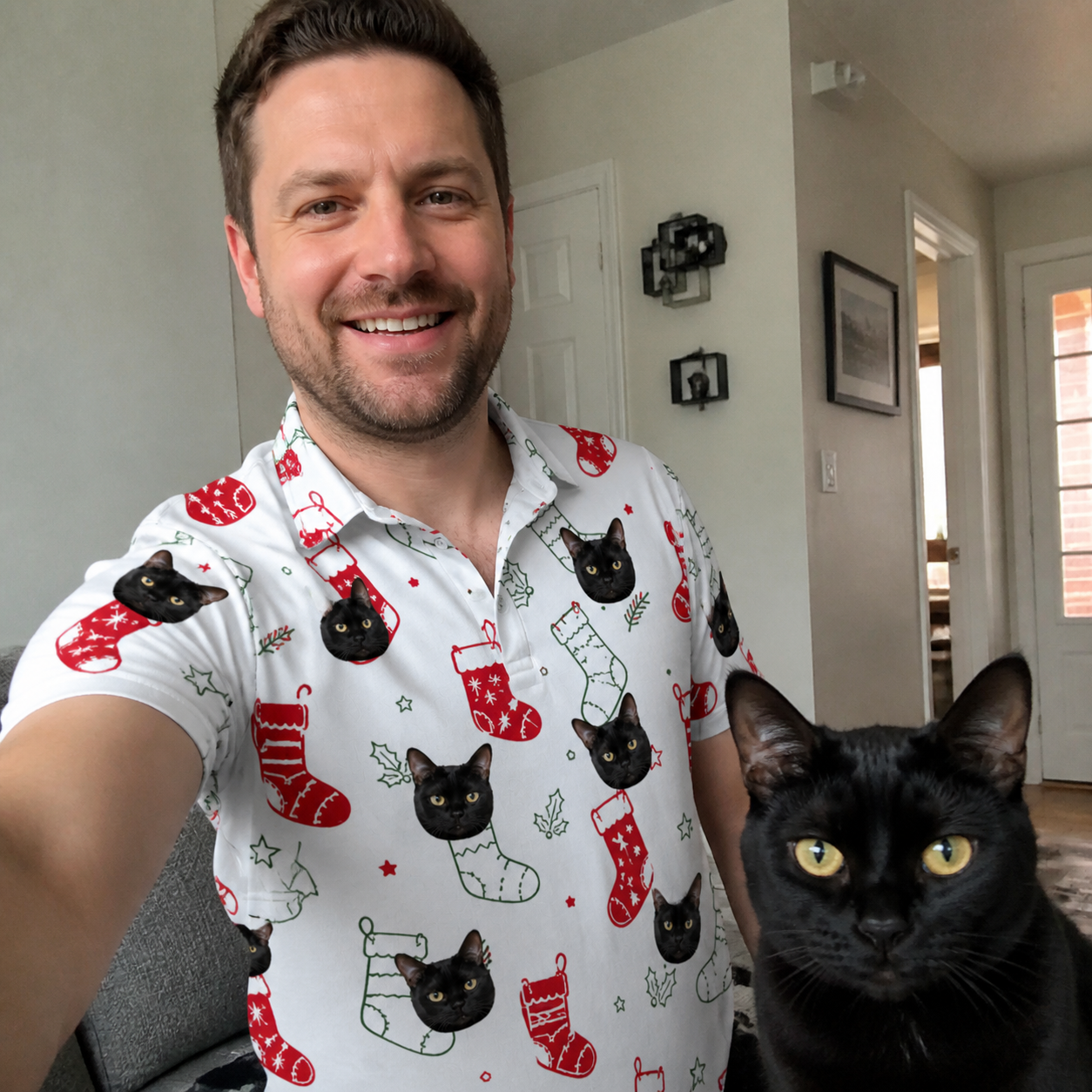 Selfie with the pet whose face is printed all over this Men's Yule Pouches Custom Cat Face Polo Shirt