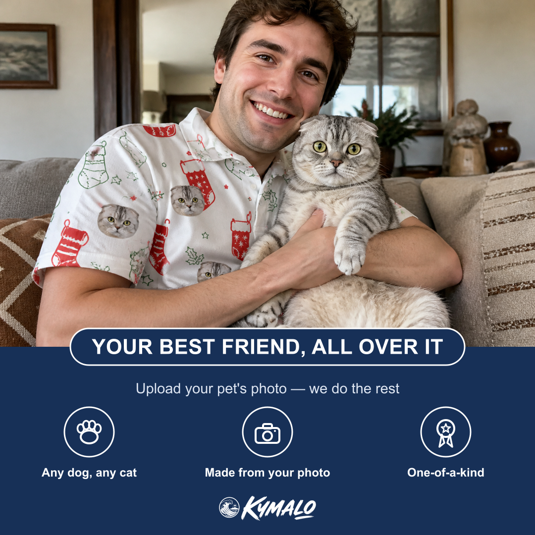 Friends in matching Men's Yule Pouches Custom Cat Face Polo Shirt — a group gift photo