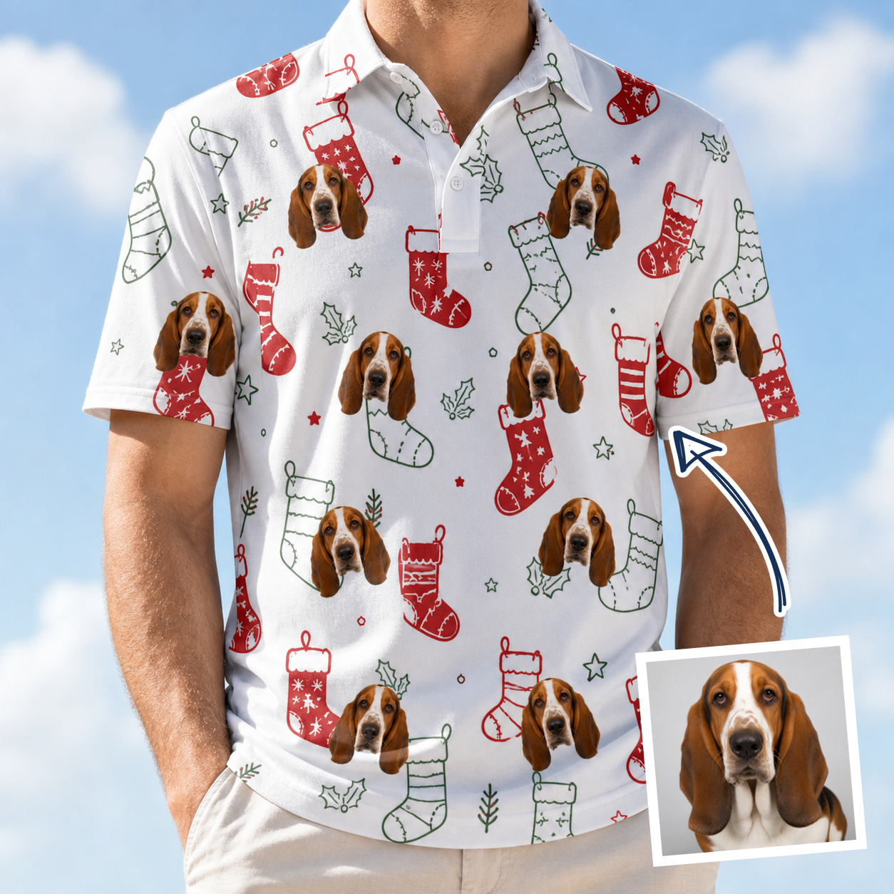 Man wearing Men's Yule Pouches Custom Dog Face Polo Shirt — custom faces printed all-over