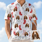 Man wearing Men's Yule Pouches Custom Dog Face Polo Shirt — custom faces printed all-over
