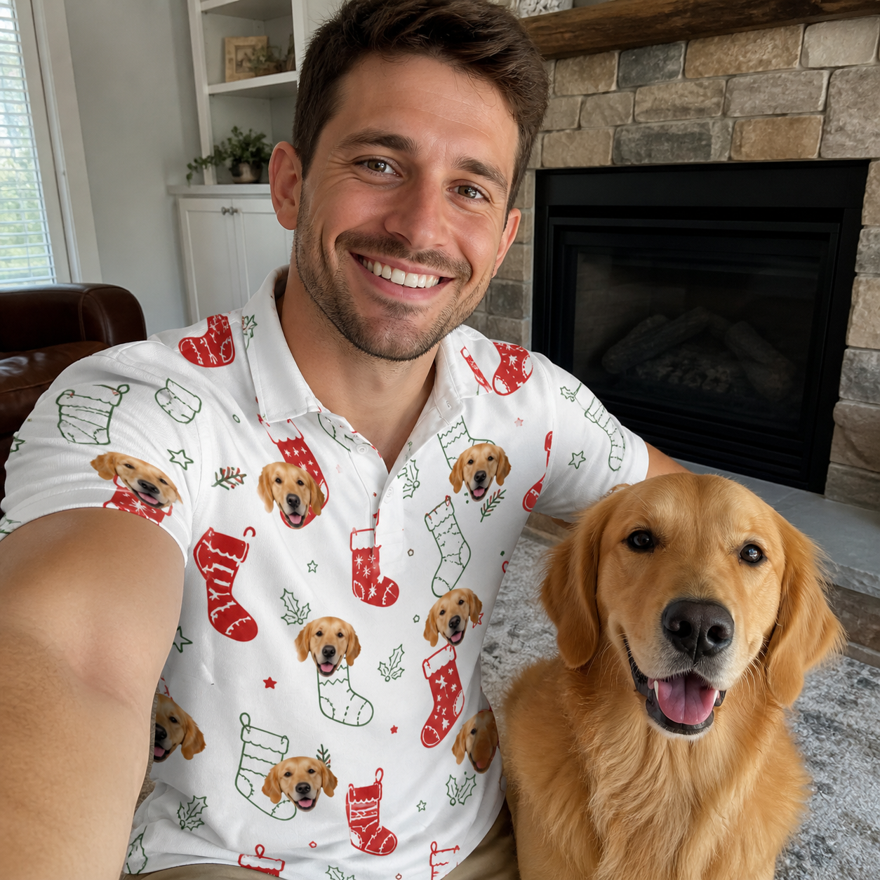 Selfie with the pet whose face is printed all over this Men's Yule Pouches Custom Dog Face Polo Shirt
