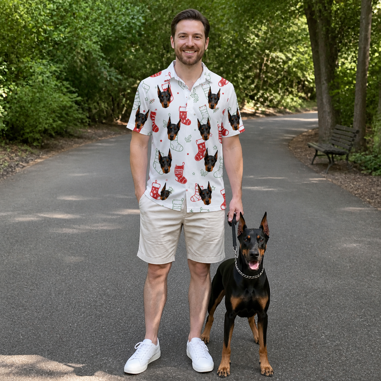 Full-length photo with the pet printed all over this Men's Yule Pouches Custom Dog Face Polo Shirt