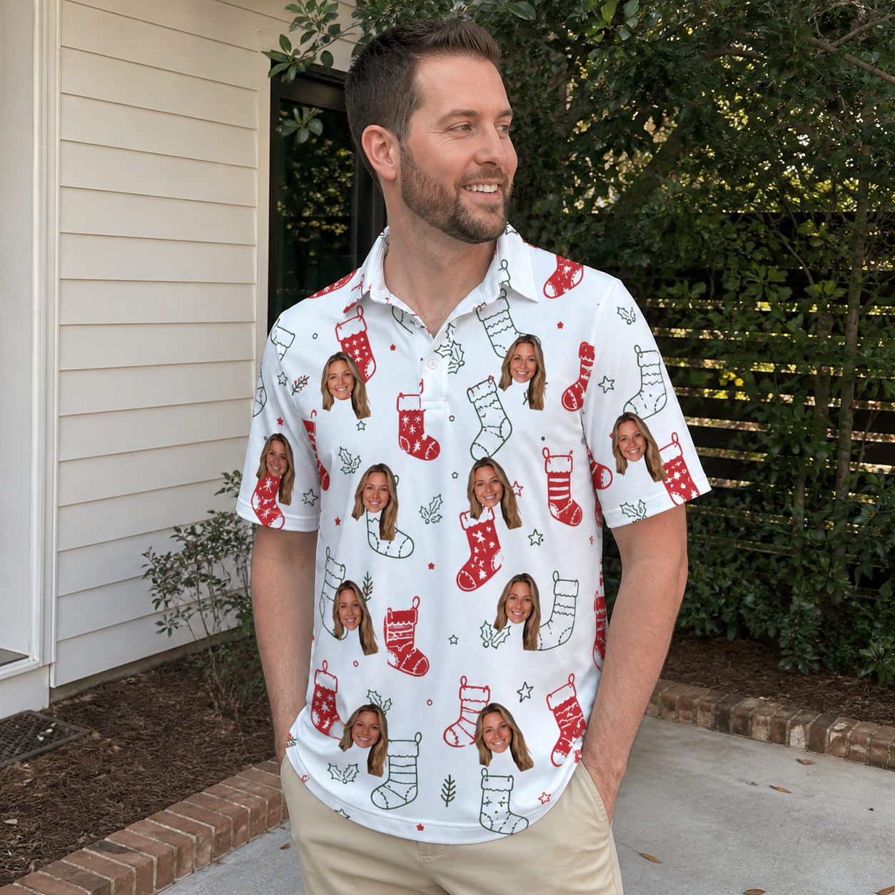 Real-life photo of someone wearing Men's Yule Pouches Custom Face Polo Shirt — custom faces printed all-over
