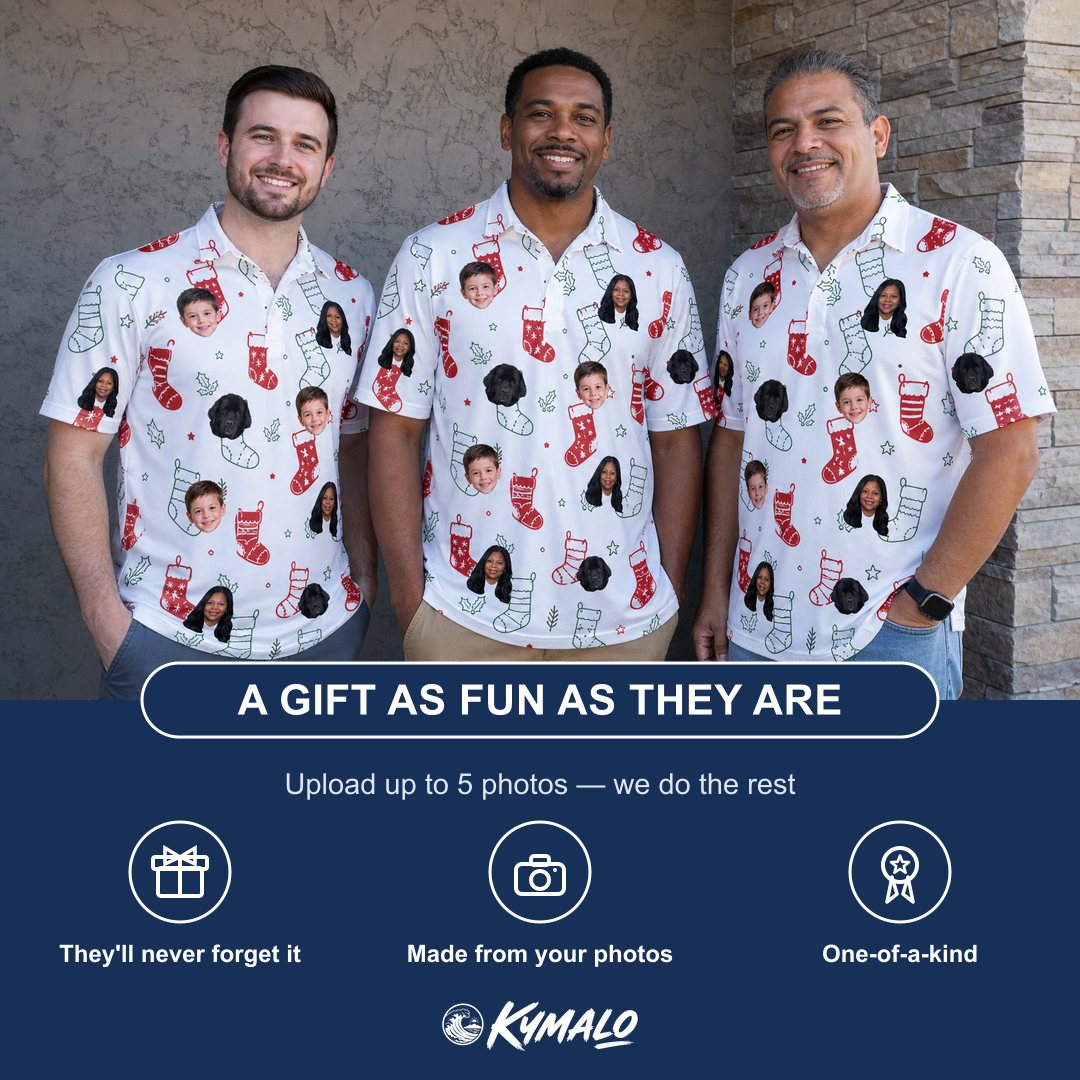 Friends in matching Men's Yule Pouches Custom Face Polo Shirt — a group gift photo