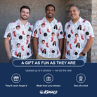Friends in matching Men's Yule Pouches Custom Face Polo Shirt — a group gift photo