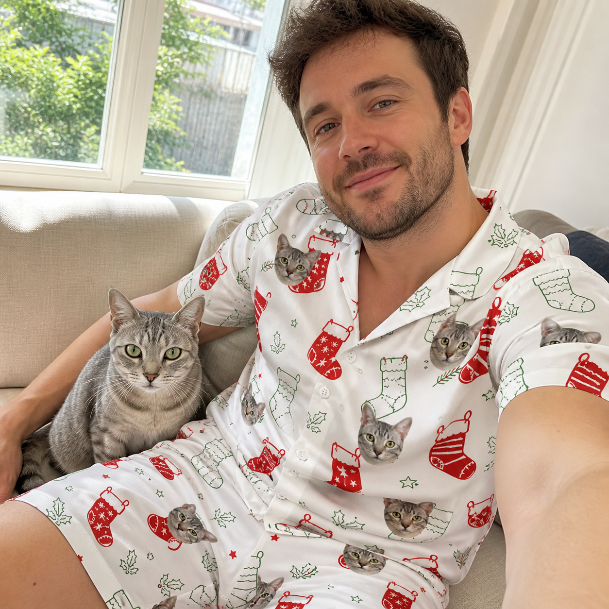 Selfie with the pet whose face is printed all over this Men's Yule Pouches Custom Cat Face Shirt & Shorts Set