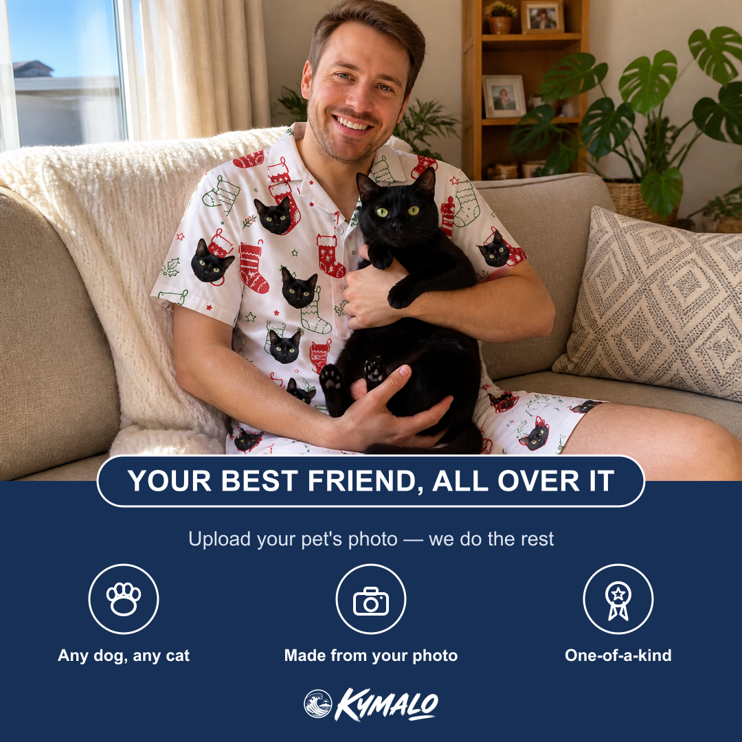 Friends in matching Men's Yule Pouches Custom Cat Face Shirt & Shorts Set — a group gift photo