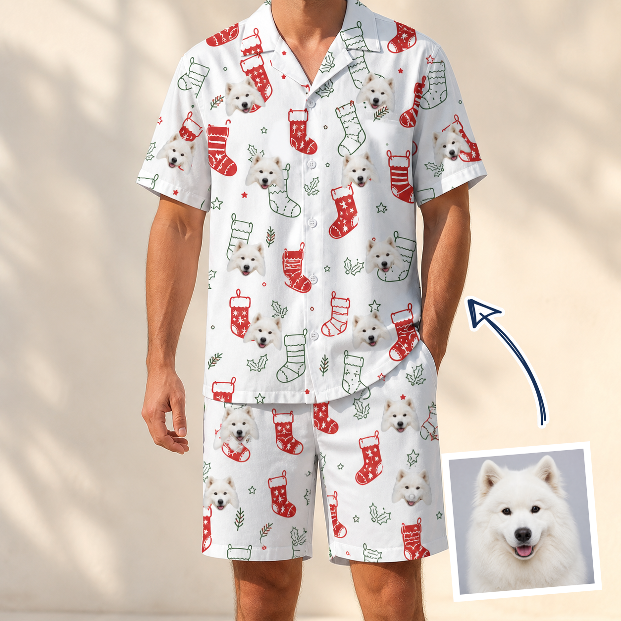 Man wearing Men's Yule Pouches Custom Dog Face Shirt & Shorts Set — custom faces printed all-over