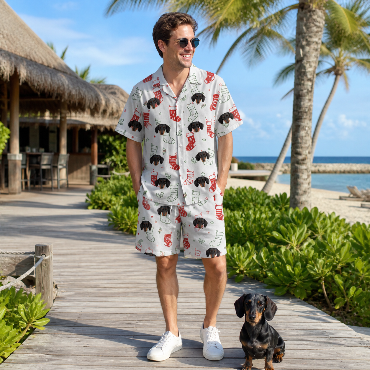Full-length photo with the pet printed all over this Men's Yule Pouches Custom Dog Face Shirt & Shorts Set