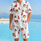 Model wearing Men's Yule Pouches Custom Face Shirt & Shorts Set printed with kids' faces