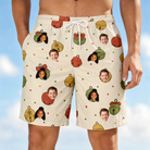Model wearing Men's Chime Charms Custom Face Beach Shorts printed with kids' faces