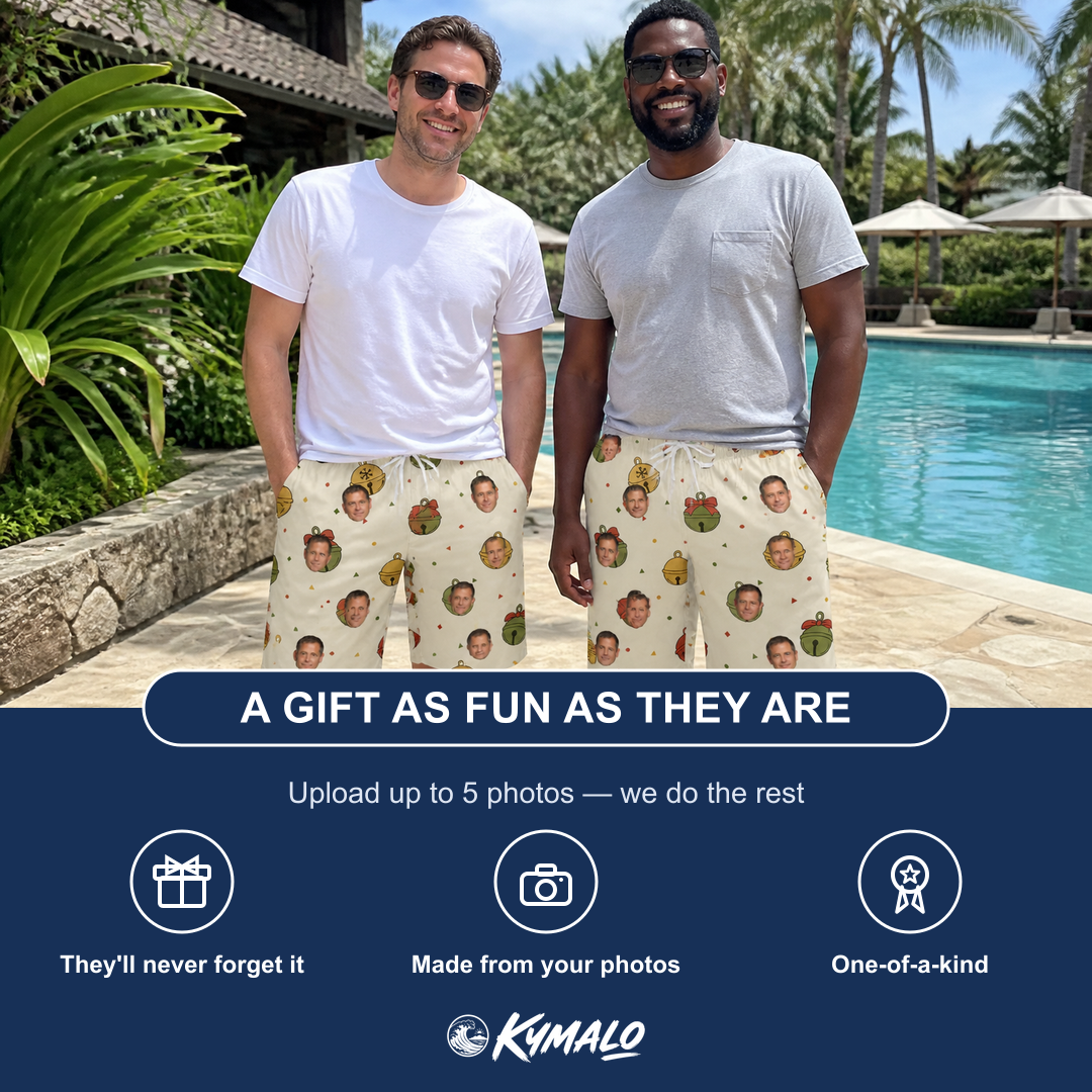 Friends in matching Men's Chime Charms Custom Face Beach Shorts — a group gift photo