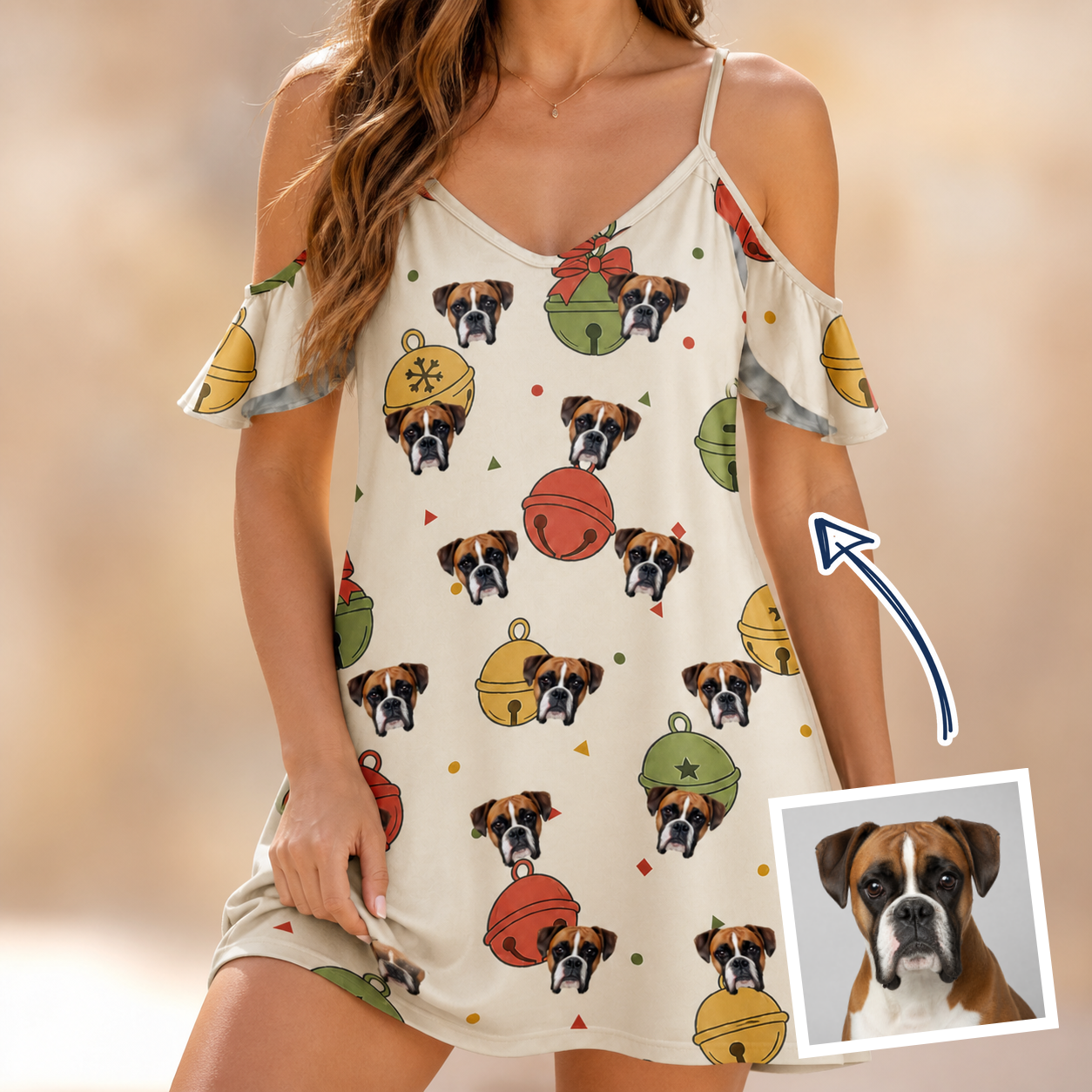 Woman wearing Women's Chime Charms Custom Dog Face Off-Shoulder Dress — custom faces printed all-over