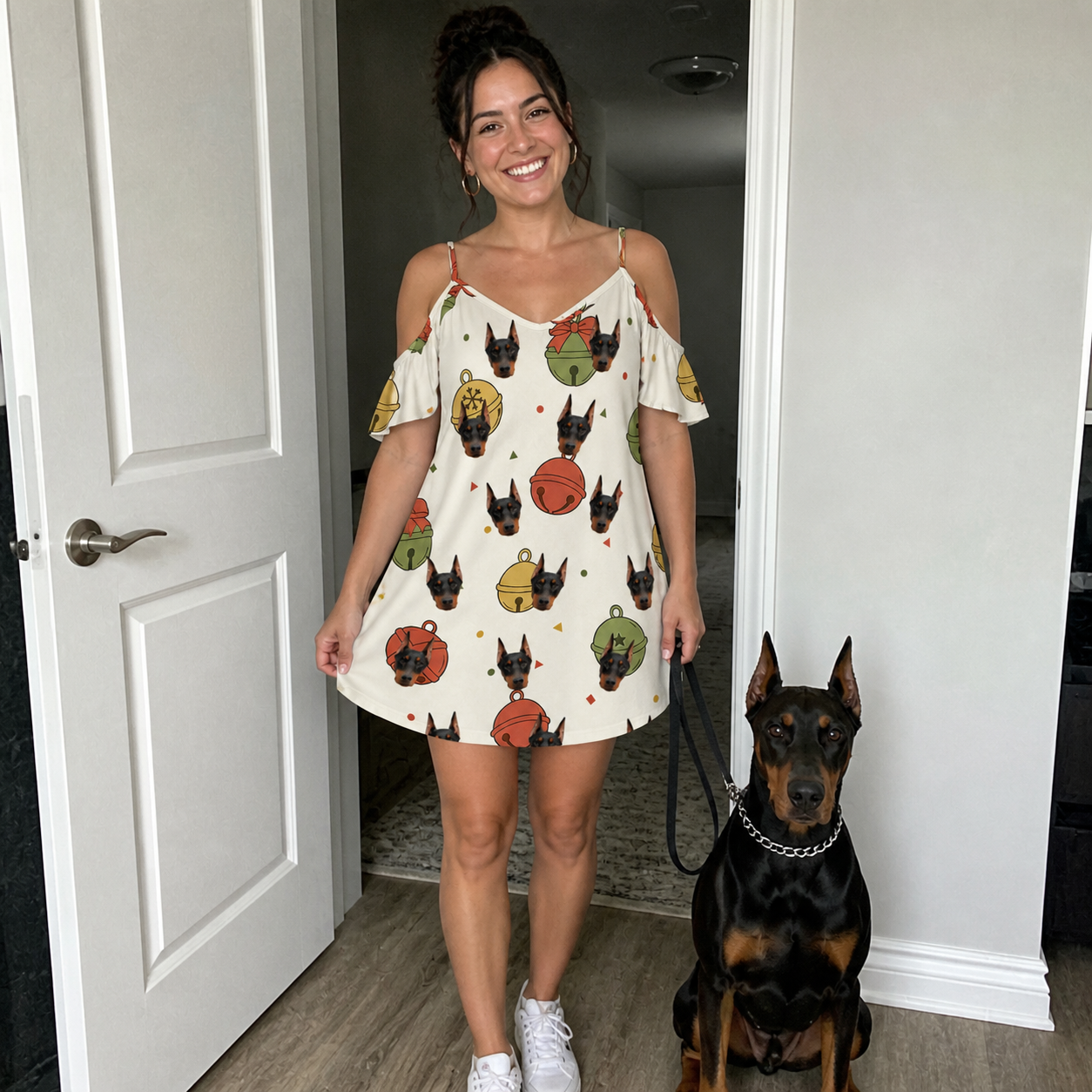 Full-length photo with the pet printed all over this Women's Chime Charms Custom Dog Face Off-Shoulder Dress