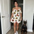 Full-length photo with the pet printed all over this Women's Chime Charms Custom Dog Face Off-Shoulder Dress