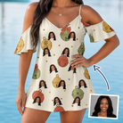 Woman wearing Women's Chime Charms Custom Face Off-Shoulder Dress — custom faces printed all-over