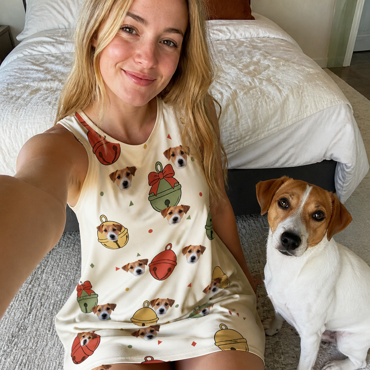Selfie with the pet whose face is printed all over this Women's Chime Charms Custom Dog Face Tank Dress