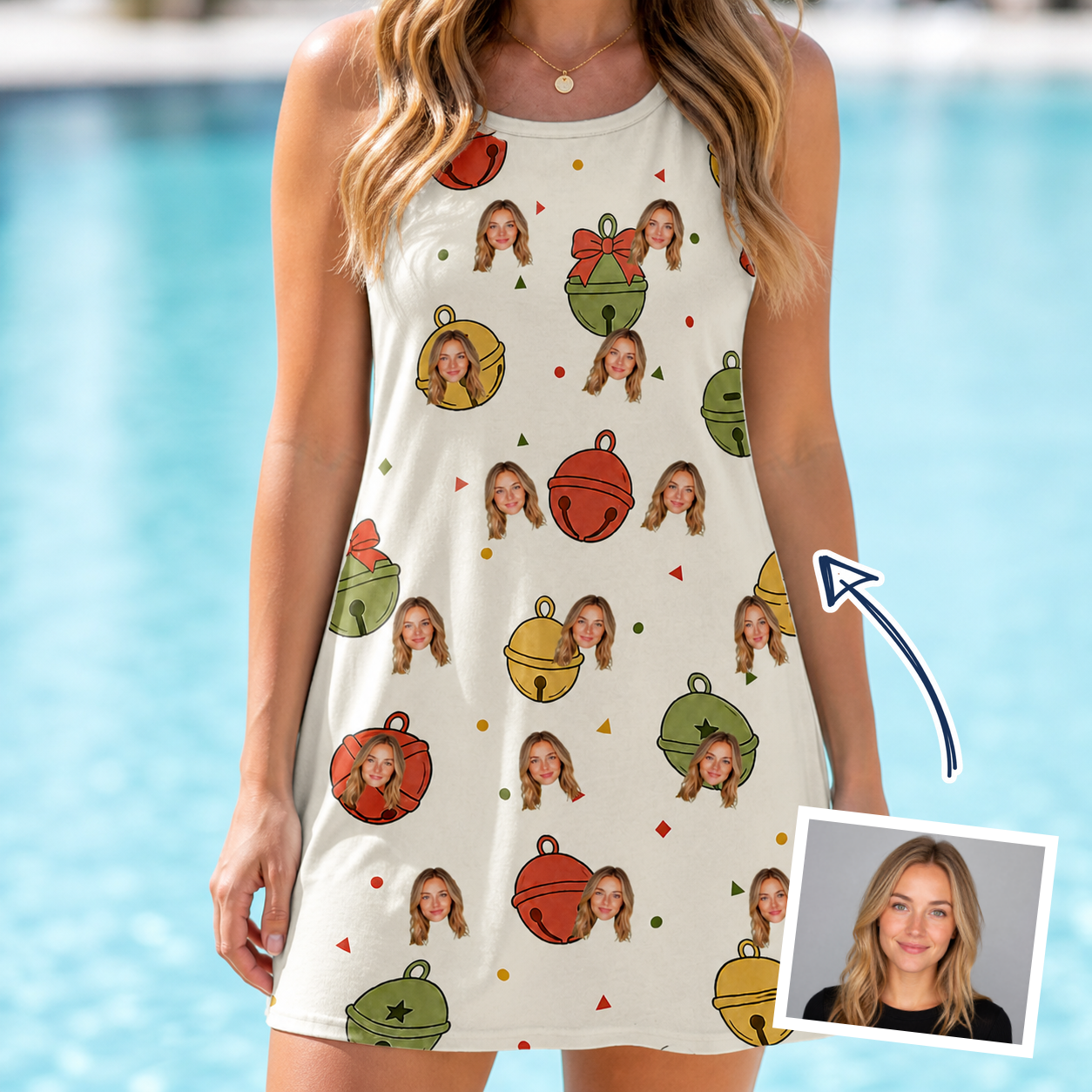 Woman wearing Women's Chime Charms Custom Face Tank Dress — custom faces printed all-over