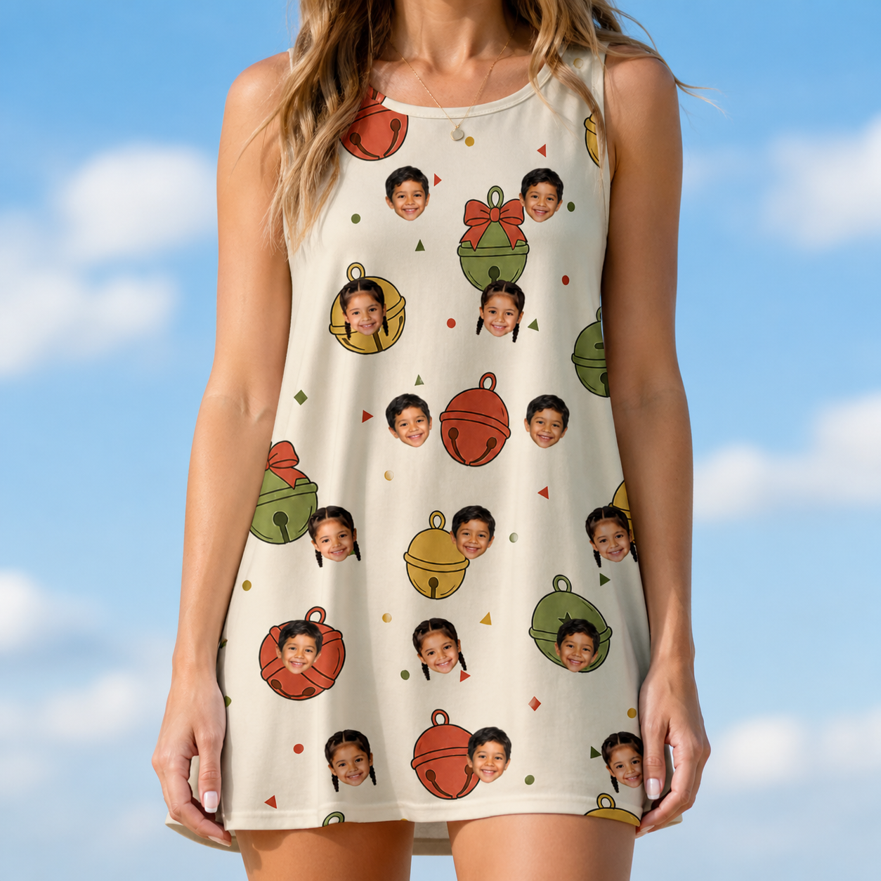 Model wearing Women's Chime Charms Custom Face Tank Dress printed with kids' faces