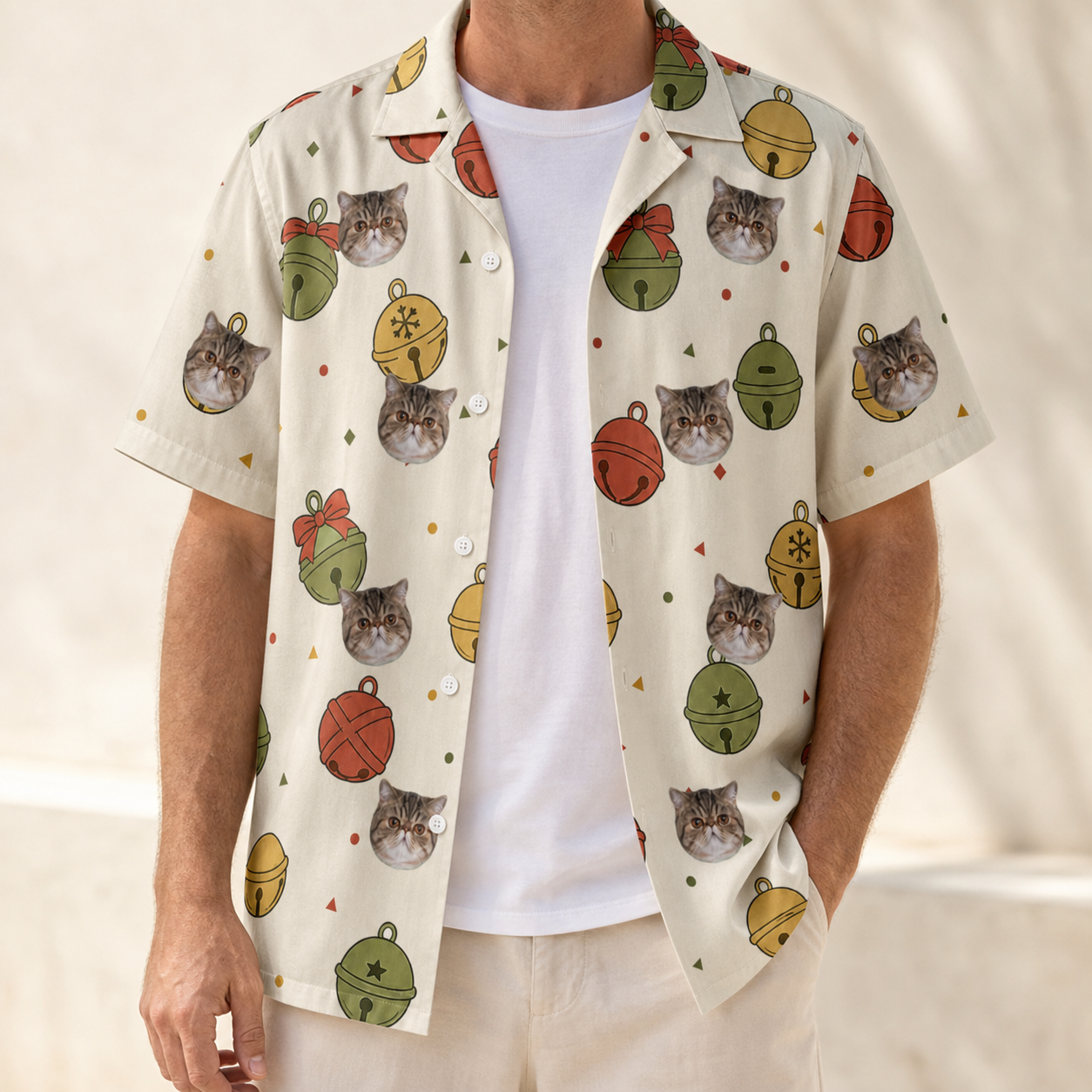 Man wearing Men's Chime Charms Custom Cat Face Hawaiian Shirt open over a white tee