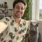 Selfie with the pet whose face is printed all over this Men's Chime Charms Custom Cat Face Hawaiian Shirt