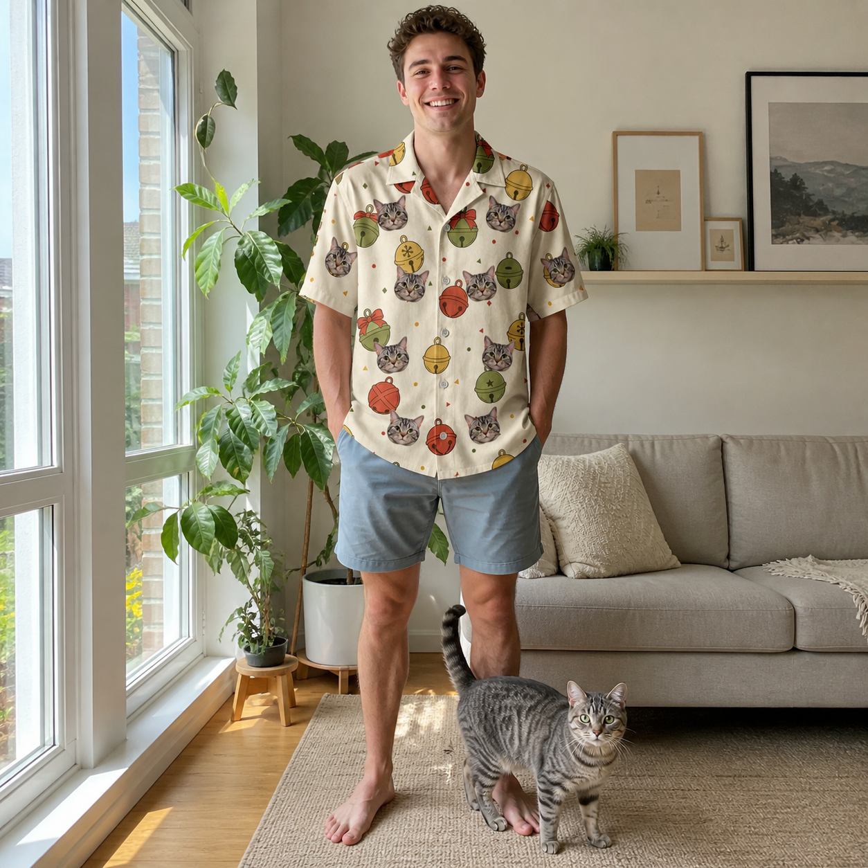 Full-length photo with the pet printed all over this Men's Chime Charms Custom Cat Face Hawaiian Shirt