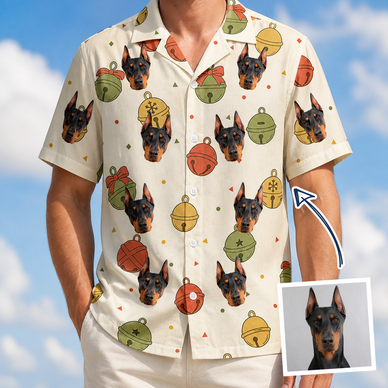 Man wearing Men's Chime Charms Custom Dog Face Hawaiian Shirt — custom faces printed all-over