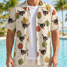 Man wearing Men's Chime Charms Custom Dog Face Hawaiian Shirt open over a white tee