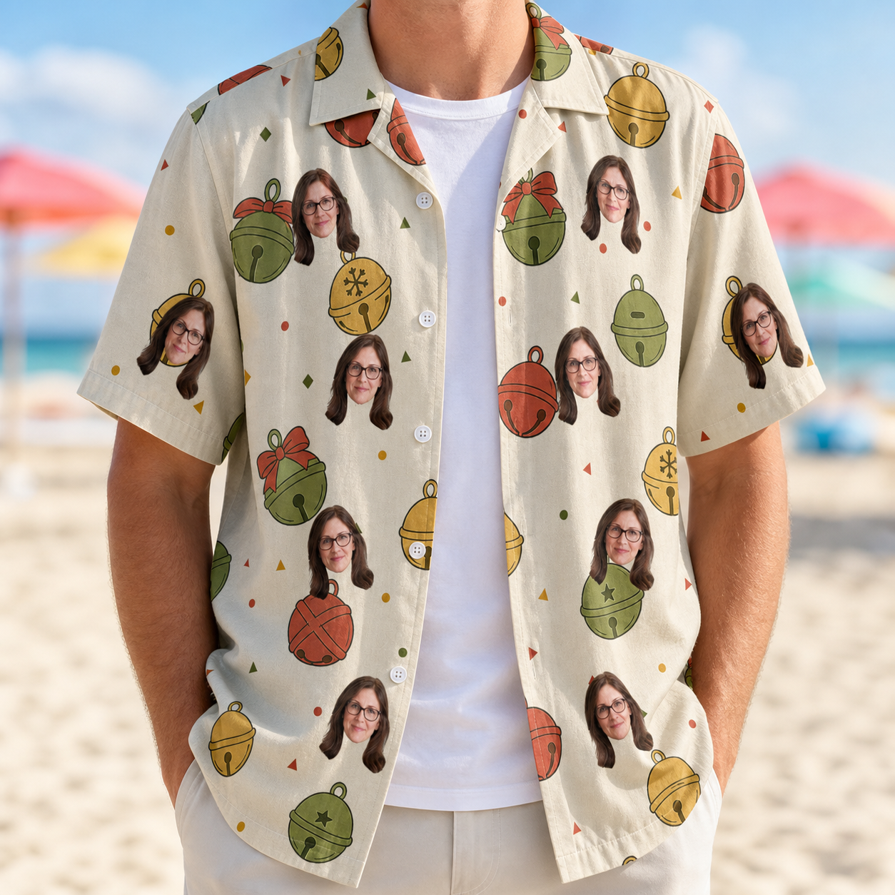 Man wearing Men's Chime Charms Custom Face Hawaiian Shirt open over a white tee