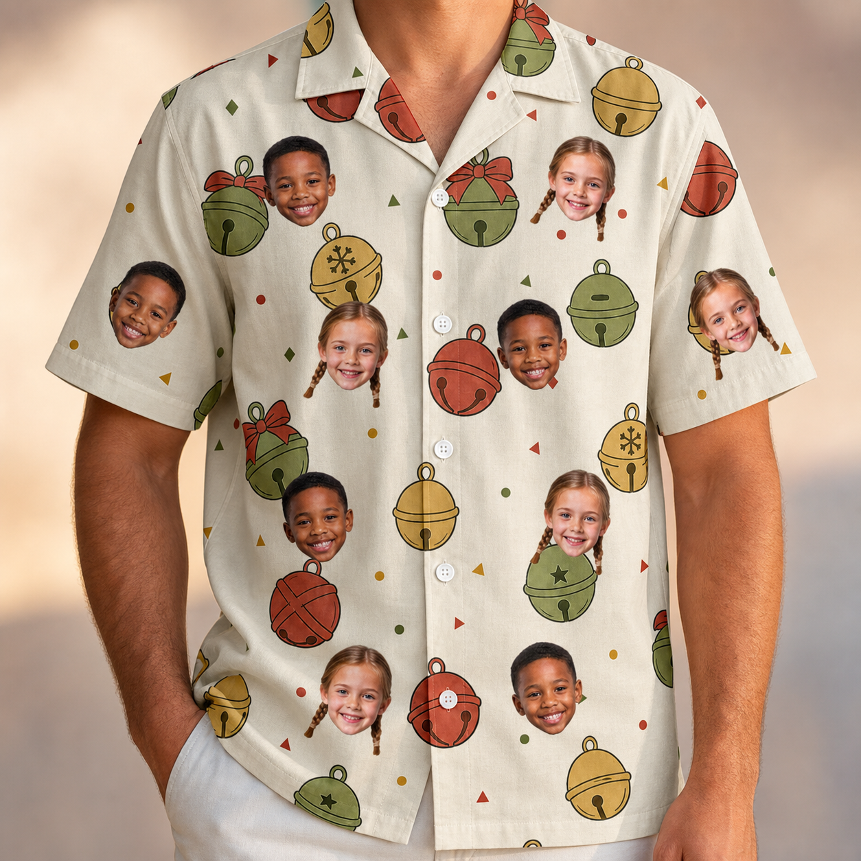 Model wearing Men's Chime Charms Custom Face Hawaiian Shirt printed with kids' faces