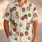 Model wearing Men's Chime Charms Custom Face Hawaiian Shirt printed with kids' faces