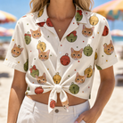 Woman wearing Women's Chime Charms Custom Cat Face Hawaiian Shirt tied at the waist