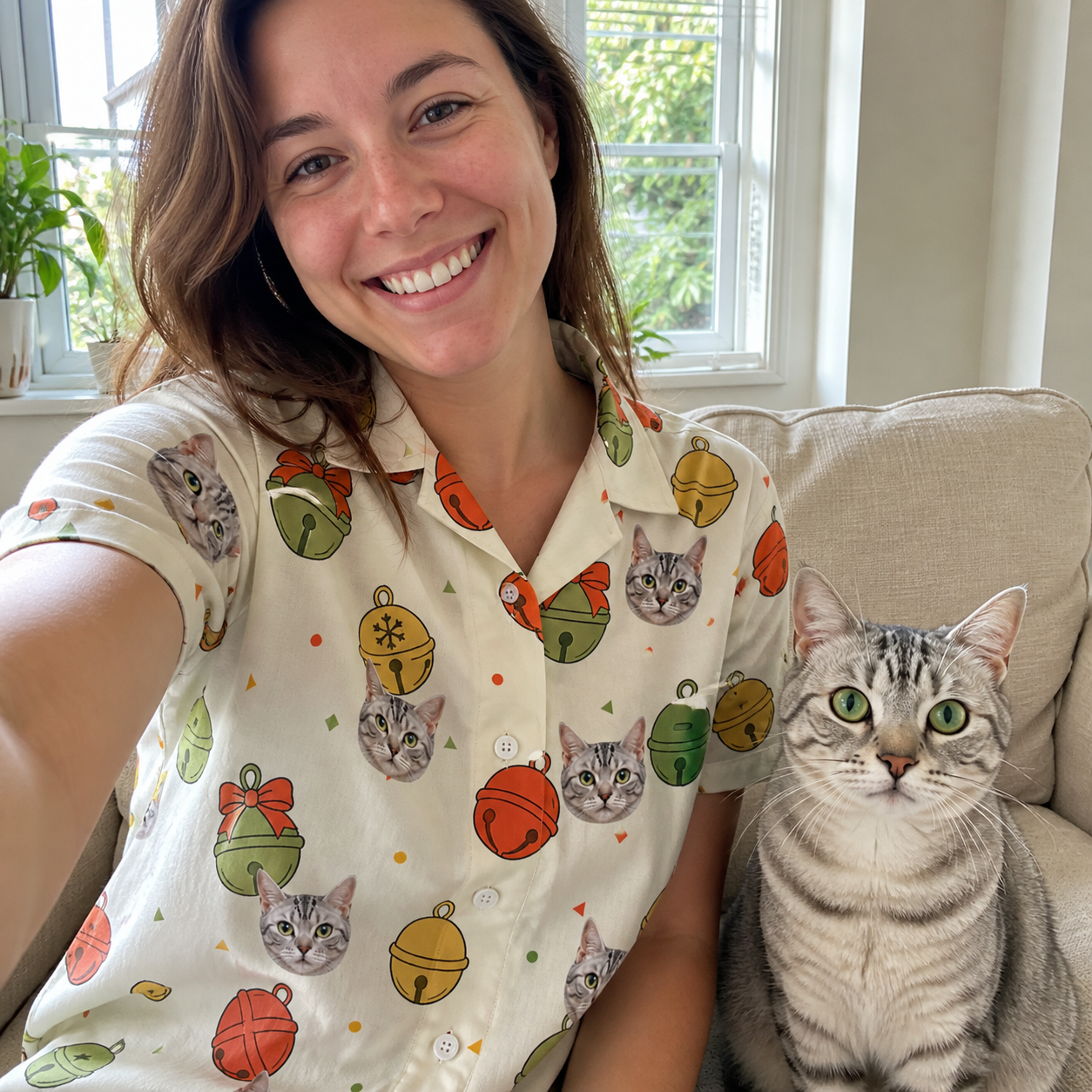 Selfie with the pet whose face is printed all over this Women's Chime Charms Custom Cat Face Hawaiian Shirt