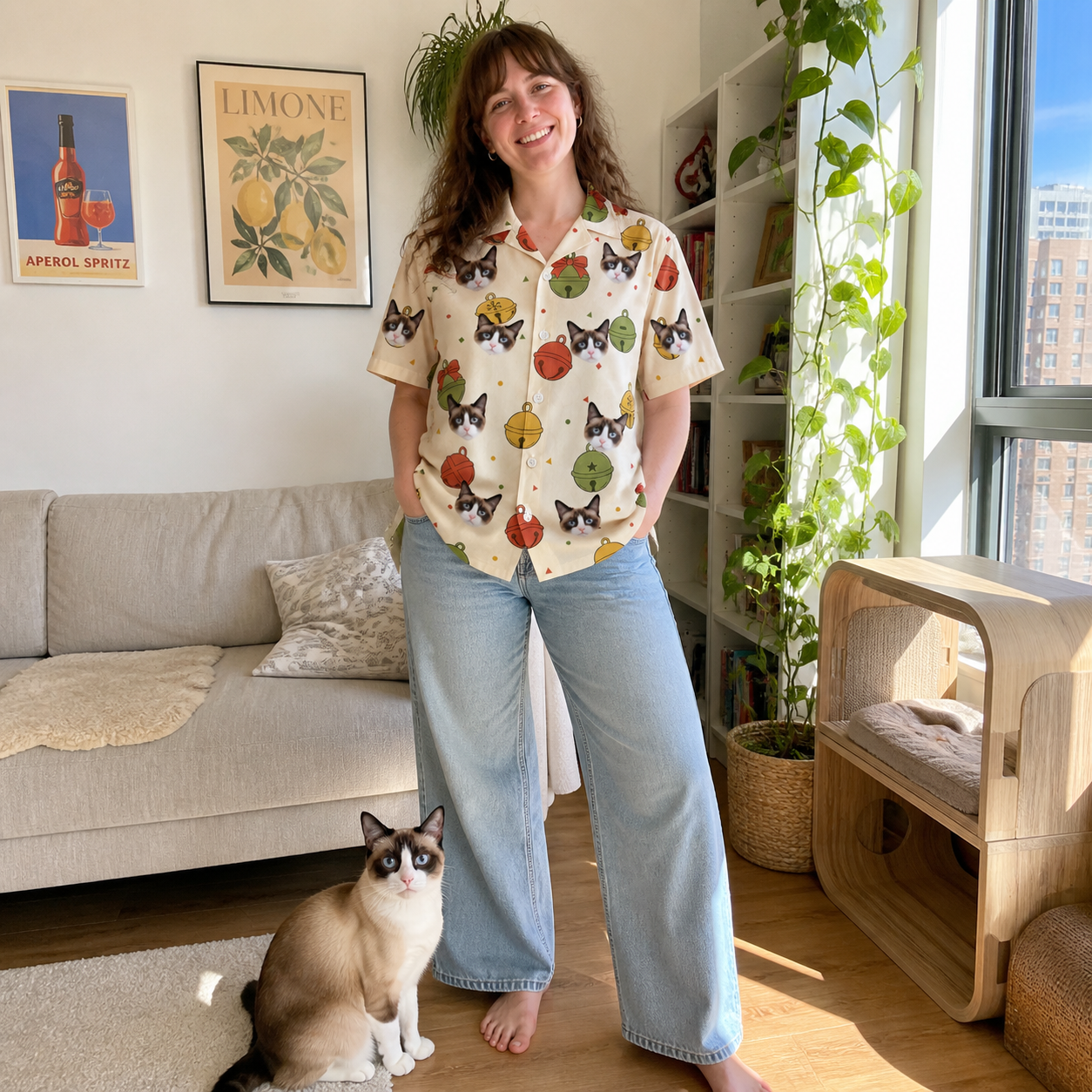 Full-length photo with the pet printed all over this Women's Chime Charms Custom Cat Face Hawaiian Shirt