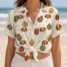 Woman wearing Women's Chime Charms Custom Dog Face Hawaiian Shirt tied at the waist