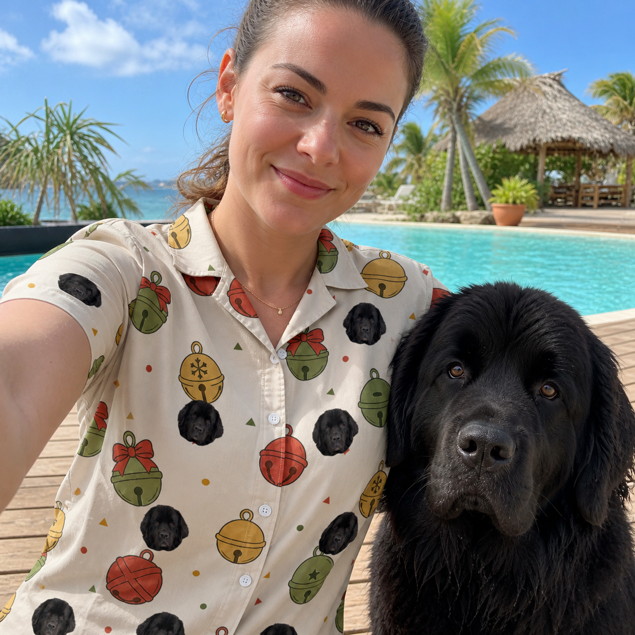 Selfie with the pet whose face is printed all over this Women's Chime Charms Custom Dog Face Hawaiian Shirt