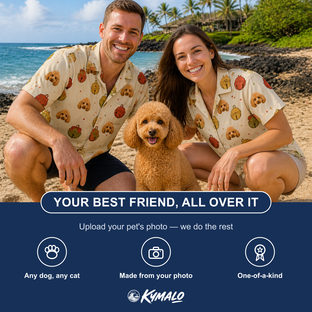 Friends in matching Women's Chime Charms Custom Dog Face Hawaiian Shirt — a group gift photo