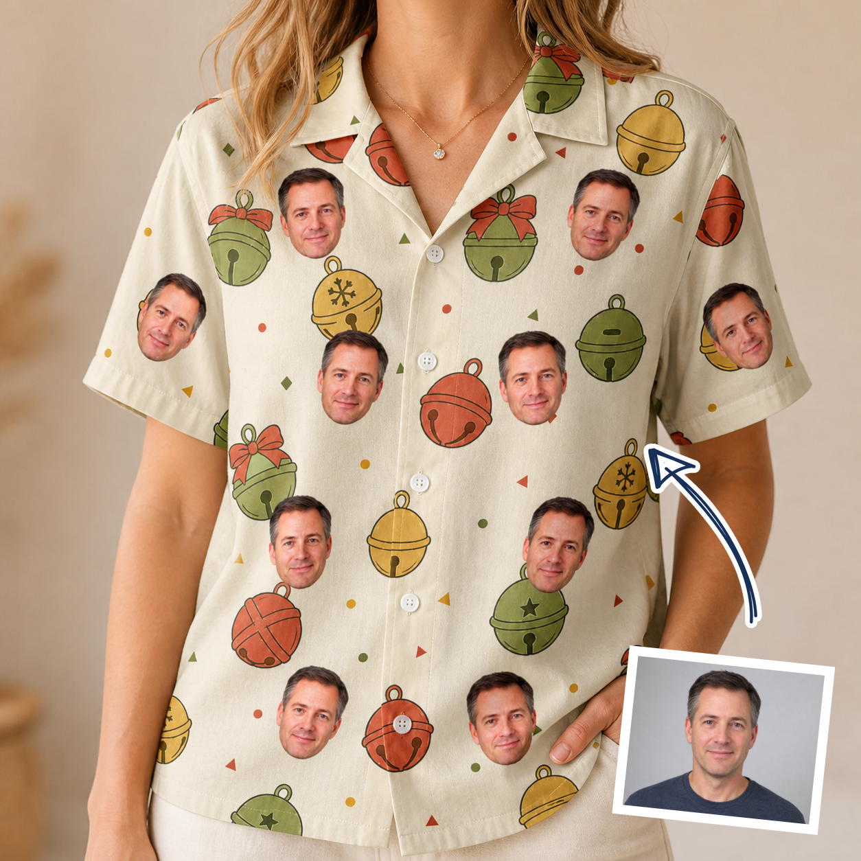 Woman wearing Women's Chime Charms Custom Face Hawaiian Shirt — custom faces printed all-over