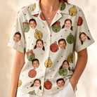 Model wearing Women's Chime Charms Custom Face Hawaiian Shirt printed with kids' faces
