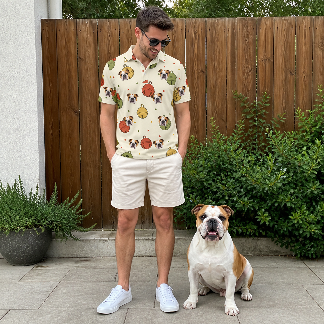 Full-length photo with the pet printed all over this Men's Chime Charms Custom Dog Face Polo Shirt