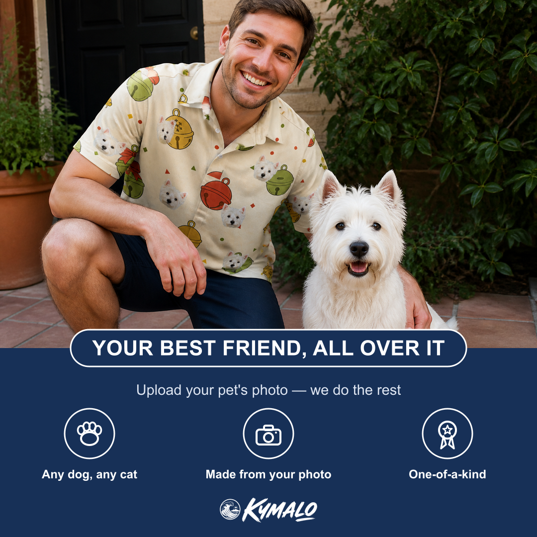 Friends in matching Men's Chime Charms Custom Dog Face Polo Shirt — a group gift photo