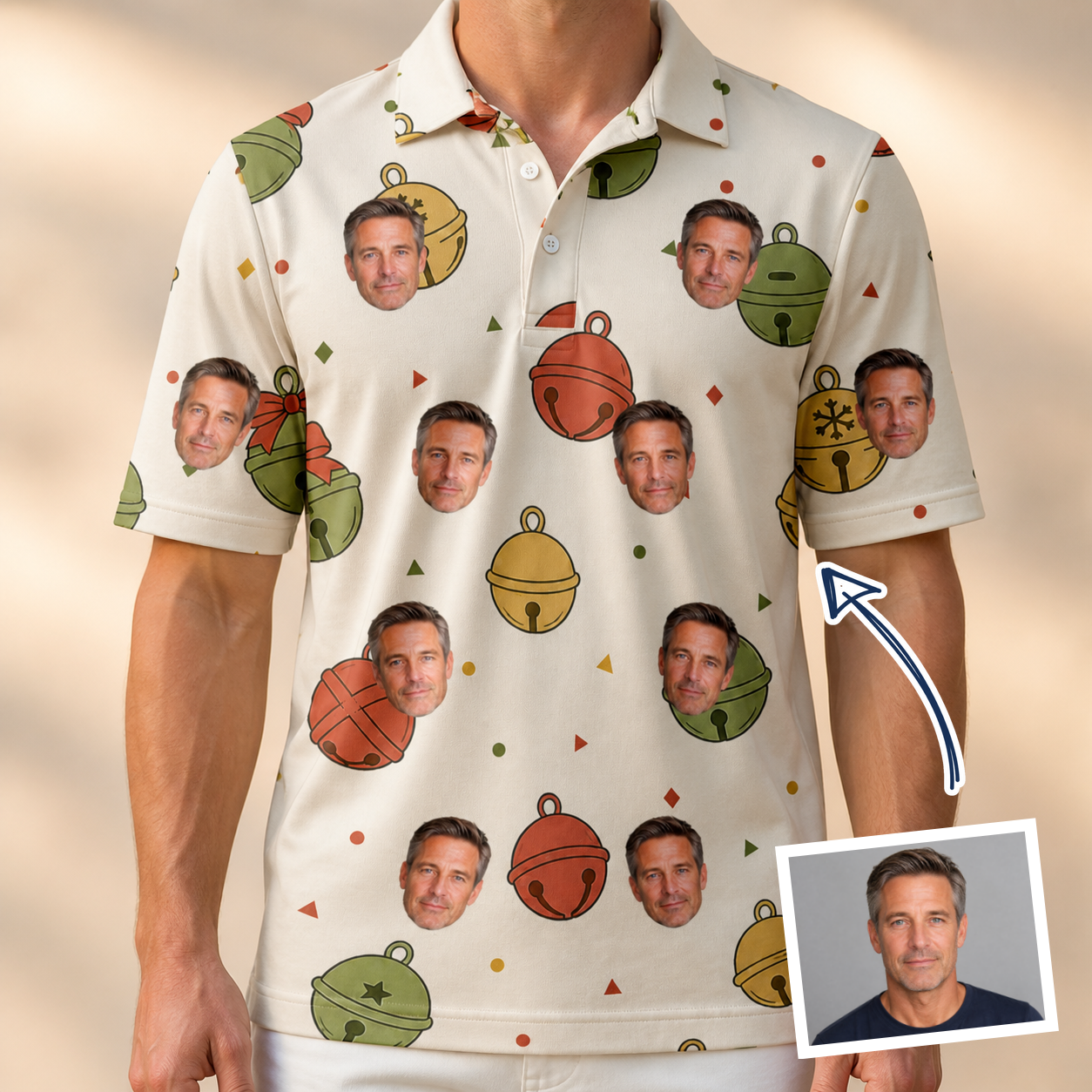 Man wearing Men's Chime Charms Custom Face Polo Shirt — custom faces printed all-over