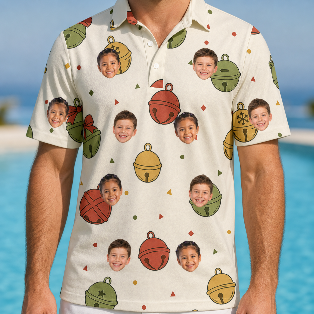 Model wearing Men's Chime Charms Custom Face Polo Shirt printed with kids' faces
